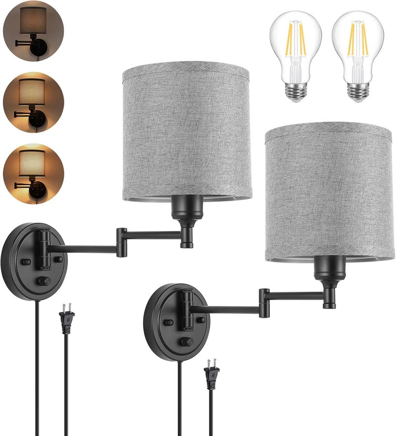 GOODATE Dimmable Plug in Wall Sconces, Swing Arm Wall Lamp, Wall Sconces Set of Two, Plug in Wall Light, Sconces Wall Decor Set of 2, Grey Fabric Shade, 2pcs Bulbs Included - Image 1